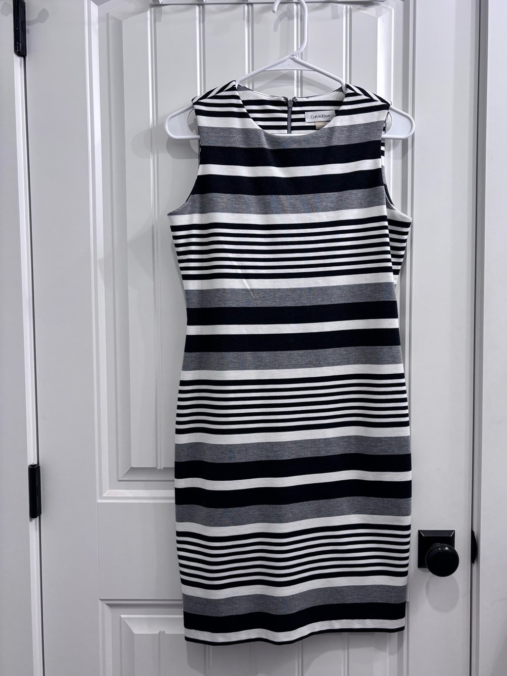 Calvin Klein Black, White & Gray Striped Midi Sheath Dress